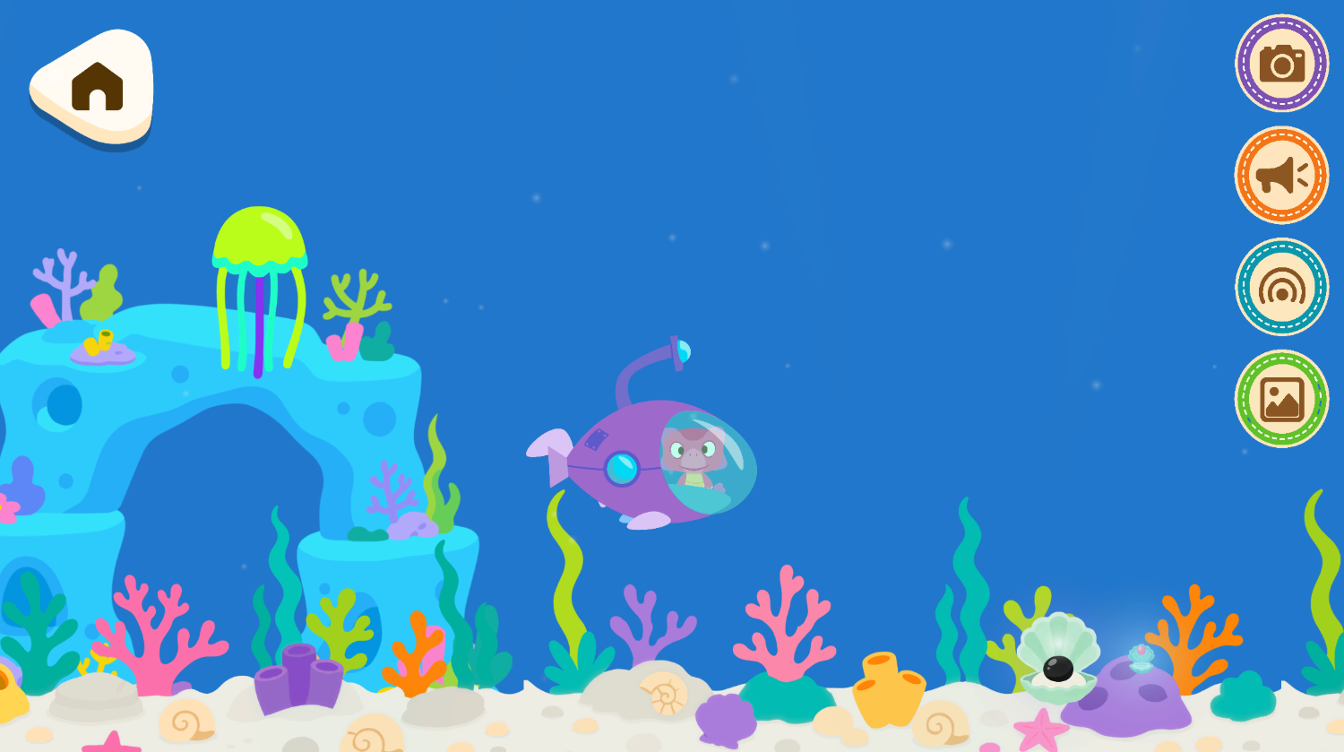 A submarine drifting past a jellyfish and a coral reef