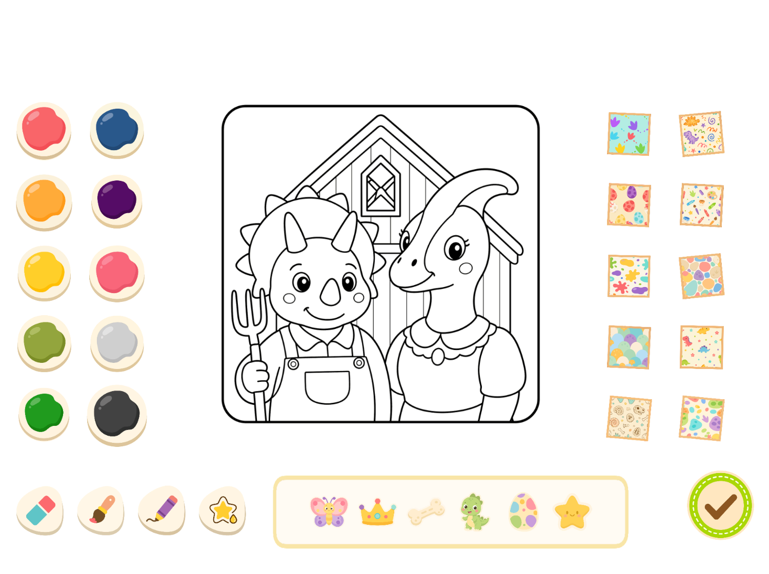 A colouring page of two dinosaurs in the style of American Gothic