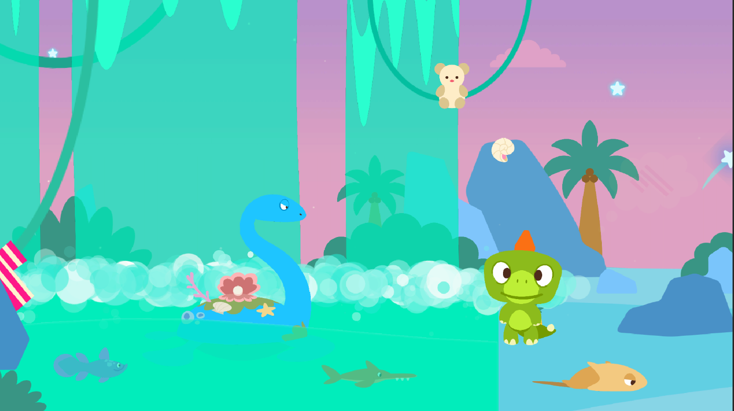 A lagoon in a prehistoric jungle, with a plesiosaur in the water
